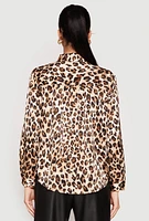 Womens Satin Leopard Print Button Front Shirt, Brown, Size L