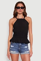 Womens Gauze Knit Halter Peplum Top,