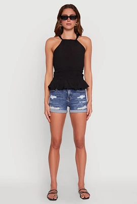 Womens Gauze Knit Halter Peplum Top,