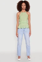 Womens Gauze Knit Halter Peplum Top, Green, Size M