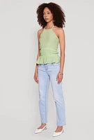 Womens Gauze Knit Halter Peplum Top, Green, Size M