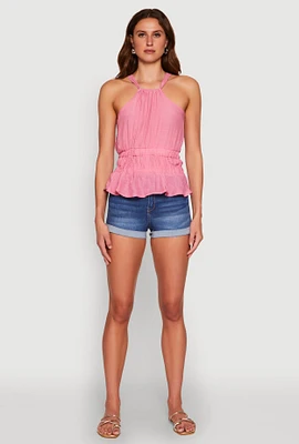 Womens Gauze Knit Halter Peplum Top, Pink,