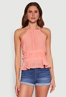 Womens Gauze Knit Halter Peplum Top, Pink, Size S