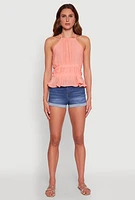 Womens Gauze Knit Halter Peplum Top, Pink, Size S