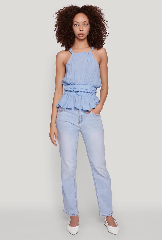 Womens Gauze Knit Halter Peplum Top, Blue, Size M