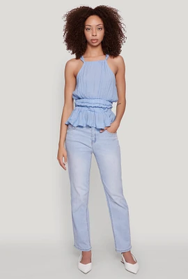 Womens Gauze Knit Halter Peplum Top, Blue, Size M