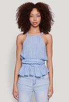 Womens Gauze Knit Halter Peplum Top, Blue, Size M