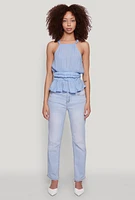 Womens Gauze Knit Halter Peplum Top, Blue, Size M