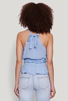 Womens Gauze Knit Halter Peplum Top, Blue, Size M