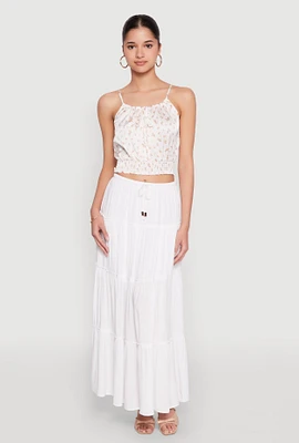 Womens Satin Floral Print Smocked Cami, White,
