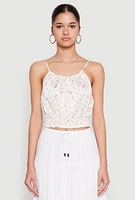 Womens Satin Floral Print Smocked Cami, White, Size M