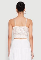 Womens Satin Floral Print Smocked Cami, White, Size M