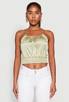 Womens Satin Floral Print Smocked Cami, Green, Size L
