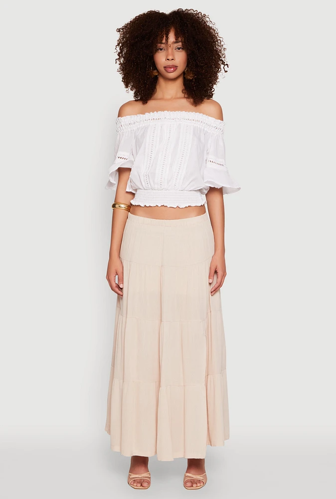Womens Crochet Detail Off The Shoulder Crop Top, White,