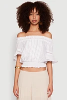 Womens Crochet Detail Off The Shoulder Crop Top, White,