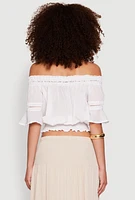 Womens Crochet Detail Off The Shoulder Crop Top, White,