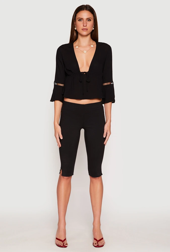 Womens Gauze Knit Tie Front Keyhole Blouse,