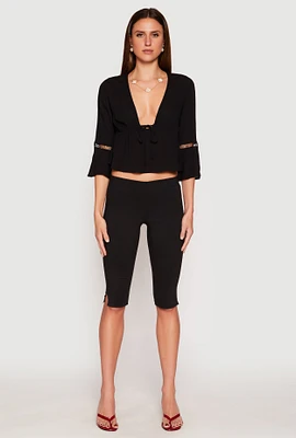 Womens Gauze Knit Tie Front Keyhole Blouse,