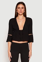 Womens Gauze Knit Tie Front Keyhole Blouse,