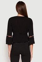 Womens Gauze Knit Tie Front Keyhole Blouse, Black, Size L