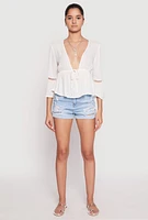 Womens Gauze Knit Tie Front Keyhole Blouse, White, Size S