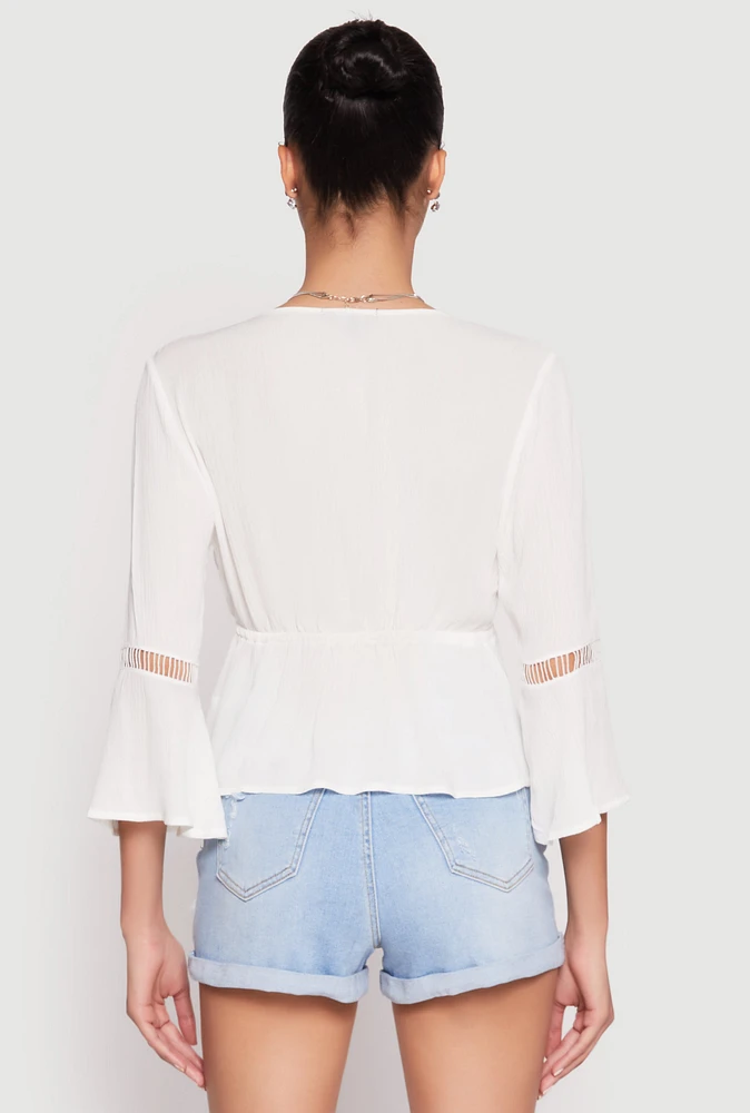 Womens Gauze Knit Tie Front Keyhole Blouse, White, Size S