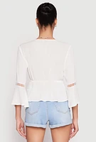 Womens Gauze Knit Tie Front Keyhole Blouse, White, Size S