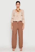 Womens Gauze Knit Tie Front Keyhole Blouse,
