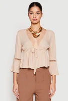 Womens Gauze Knit Tie Front Keyhole Blouse,