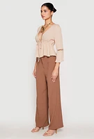 Womens Gauze Knit Tie Front Keyhole Blouse,