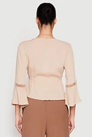 Womens Gauze Knit Tie Front Keyhole Blouse,