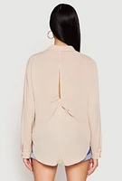 Womens Gauze Knit Twist Back Button Front Shirt,