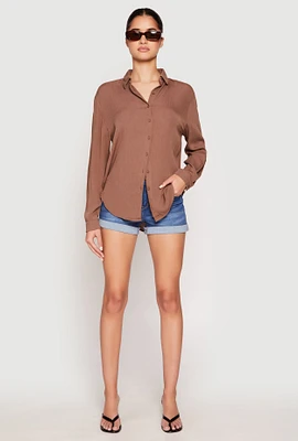 Womens Gauze Knit Twist Back Button Front Shirt, Brown, Size M