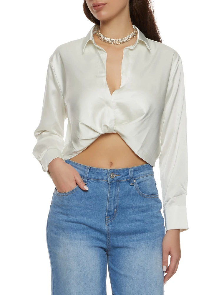 Womens Satin Twist Front Crop Top, White, Size L