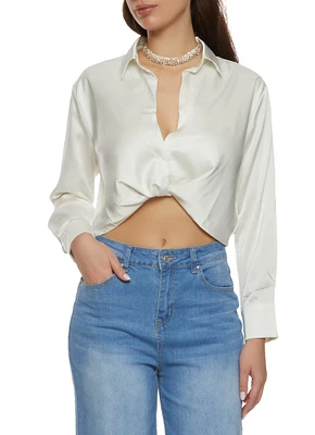 Womens Satin Twist Front Crop Top, White, Size L