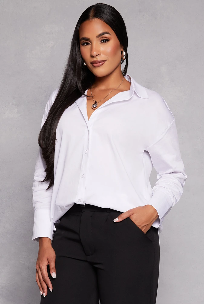 Womens Long Sleeve Button Front Tunic Shirt, White, Size M