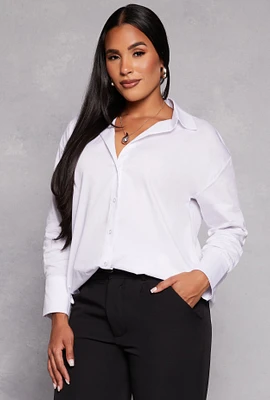 Womens Long Sleeve Button Front Tunic Shirt, White, Size M