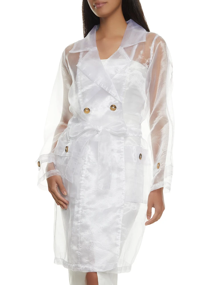 Womens Sheer Organza Trench Coat, White, Size M