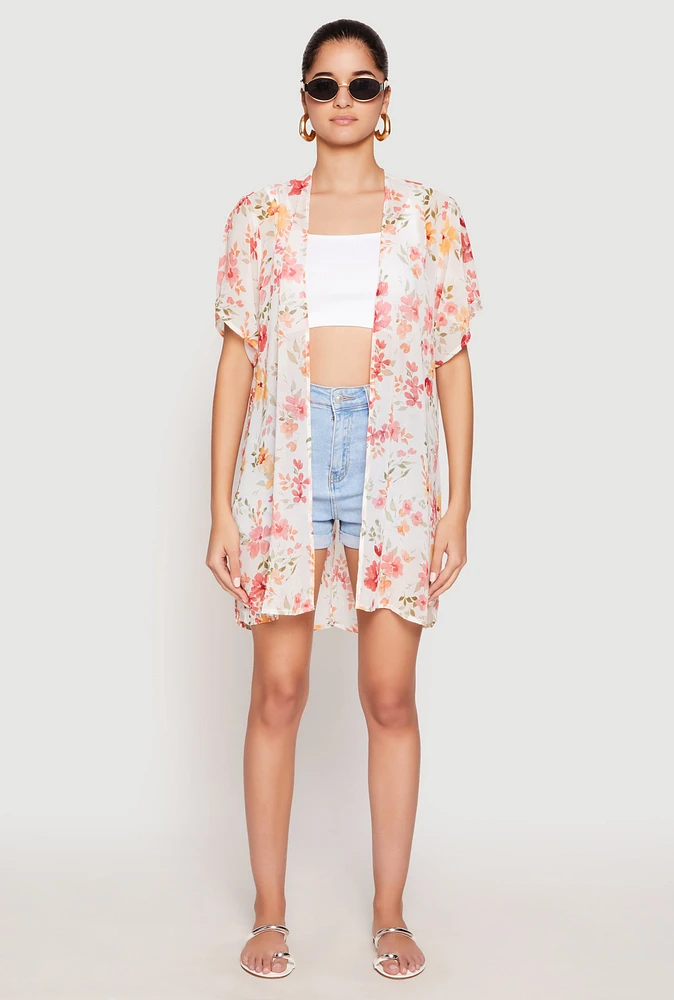 Womens Floral Print Twist Back Kimono, Multi, Size M
