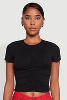 Womens Ruched Crew Neck Cropped Tee, L