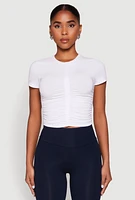 Womens Ruched Crew Neck Cropped Tee, White,