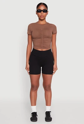 Womens Ruched Crew Neck Cropped Tee,