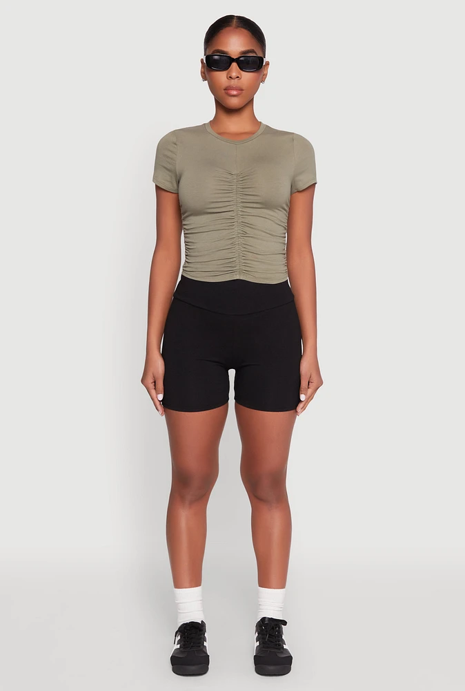 Womens Ruched Crew Neck Cropped Tee, Green, Size M