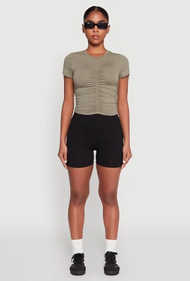 Womens Ruched Crew Neck Cropped Tee, Green, Size M