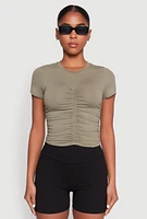 Womens Ruched Crew Neck Cropped Tee, Green, Size M