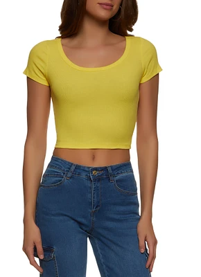 Womens Rib Knit Scoop Neck Crop Top, Yellow, Size L