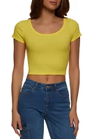 Womens Rib Knit Scoop Neck Crop Top, Yellow, Size L
