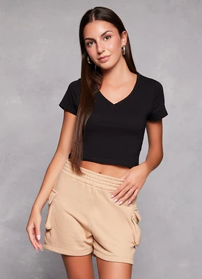 Womens Solid Cropped V Neck Tee,