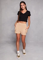 Womens Solid Cropped V Neck Tee,