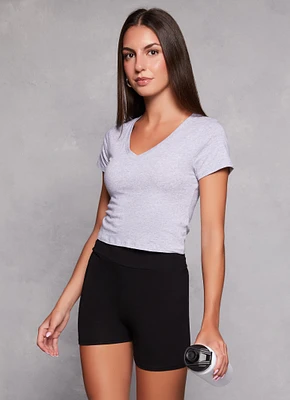Womens Solid Cropped V Neck Tee,